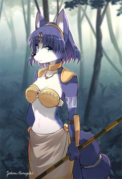 1girl :3 animal_ears animal_nose arm_at_side arm_tattoo armor artist_name bandeau blue_fur blue_hair body_fur breasts bush choker circlet closed_mouth collarbone cowboy_shot crystal day female_focus forest fox_ears fox_girl fox_tail furry furry_female gem gold green_eyes hair_intakes hand_on_own_hip happy highres holding holding_polearm holding_weapon jewelry krystal loincloth looking_at_viewer medium_breasts namagaki_yukina nature navel necklace nintendo outdoors polearm red_gemstone short_hair shoulder_armor signature smile snout solo standing star_fox star_fox_adventures stomach tail tattoo tree two-tone_fur vambraces weapon white_fur yellow_bandeau yellow_choker