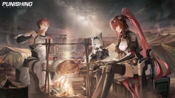 1boy 2girls absurdres bad_tag beer_mug beerstein bonfire cooking cup desert drumsticks eating fire fireplace food helmet highres mug multiple_girls night night_sky no._21:_feral_(pgr) no._21_(pgr) noctis_(pgr) official_art punishing:_gray_raven roasting sitting sky star_(sky) tent thanksgiving turkey_(food) twitter vera:_garnet_(pgr) vera_(pgr)