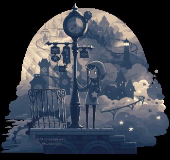 1girl animated animated_gif blank_eyes cloud commentary dav-19 dress english_commentary gears greyscale hood hood_up hooded_dress jewelry lamppost lighthouse looping_animation lowres monochrome necklace outdoors pixel_art scarf scenery short_hair solo sometimes_the_stars star_(symbol) star_necklace the_audreys transparent_background watermark web_address