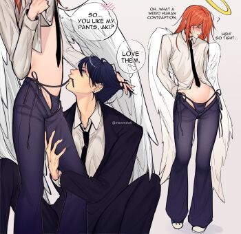 2boys absurdres androgynous angel angel_devil_(chainsaw_man) angel_wings bell-bottoms black_necktie black_pants bulge chainsaw_man collared_shirt commentary crossdressing crossdressing_(mtf) embarrassed english_commentary english_text halo hayakawa_aki highres long_hair looking_at_viewer looking_up male_focus mewmewti multiple_boys multiple_views navel necktie open_fly panties pants shirt side-tie_panties skinny speech_bubble standing thong traditional_halo twitter_username underwear white_shirt white_wings wings yaoi