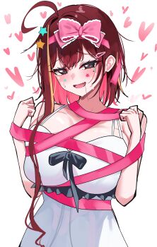 1girl absurdres ahoge akane_lize blush bow breast_press breasts commentary dated_commentary double-parted_bangs dress fang grey_eyes hair_bow hair_ornament hands_up heart heart-shaped_pupils highres huge_breasts loving_aura mole mole_under_eye multicolored_hair open_mouth pink_bow pink_ribbon raised_inner_eyebrows red_hair red_pupils ribbon short_hair_with_long_locks simple_background sleeveless sleeveless_dress smile solo spaghetti_strap standing star_(symbol) star_hair_ornament star_sticker stellive sticker sticker_on_face streaked_hair sundress sweat symbol-shaped_pupils untranslatable_commentary upper_body variant_set virtual_youtuber white_background white_dress yeomhwauranyum