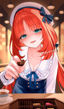 Rule 34 | 1girl, alternate costume, beret, blue ribbon, blue skirt, blurry, blurry background, box, box of chocolates, breasts, candy, chocolate, chocolate heart, cleavage, commentary request, contemporary, cup, ewaaawa, food, genshin impact, green eyes, hanging light, hat, head tilt, heart, heart-shaped food, high-waist skirt, highres, holding, holding chocolate, holding food, incoming food, indoors, leaning forward, long hair, long sleeves, low twintails, medium breasts, neck ribbon, nilou (genshin impact), open mouth, paid reward available, plaid clothes, plaid skirt, pov across table, red hair, ribbon, saucer, shirt, skirt, smile, solo, teacup, twintails, twitter username, very long hair, white hat, white shirt