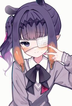 Rule 34 | 1girl, @ @, absurdres, alternate hair length (shorter), black bow, black bowtie, black eyes, black hair, blunt bangs, blush, bow, bowtie, chuunibyou, closed mouth, collared shirt, colored inner hair, commentary, dress shirt, eyepatch, flat chest, gradient hair, grey sweater, highres, hololive, hololive english, inward v, looking at viewer, medical eyepatch, medium hair, meiwowowo, mole, mole under eye, multicolored hair, nail polish, ninomae ina'nis, ninomae ina'nis (school uniform), official alternate costume, official alternate hairstyle, orange hair, pink hair, pink nails, pointy ears, raised inner eyebrows, school uniform, shirt, side ponytail, sidelocks, simple background, smile, solo, sweater, tentacle hair, untranslatable commentary, upper body, v, v-neck, virtual youtuber, white background, white shirt