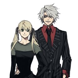 Rule 34 | 1boy, 1girl, black dress, black necktie, black ribbon, blonde hair, commentary, dress, english commentary, green eyes, hair ribbon, hand in pocket, hand on another&#039;s hip, hand on own hip, highres, jacket, looking at another, ma0ma0 0, maka albarn, necktie, red eyes, red shirt, ribbon, sharp teeth, shirt, smile, soul eater, soul evans, striped clothes, striped jacket, teeth, twintails, vertical-striped clothes, vertical-striped jacket, white hair