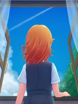 1girl absurdres arm_at_side commentary_request from_behind highres kannogi looking_outside love_live! love_live!_superstar!! open_window orange_hair school_uniform shibuya_kanon short_sleeves sky solo tree upper_body window yuigaoka_school_uniform