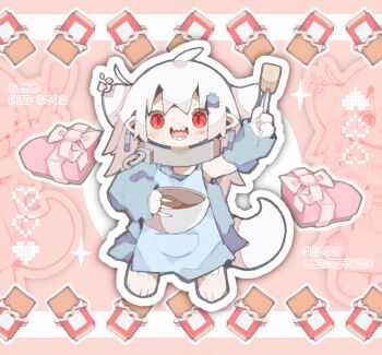 1girl :d absurdres ahoge animal_ears animal_hands animal_legs apron arm_up bad_id bad_twitter_id blue_apron blue_dress blue_sleeves bowl box candy chocolate chocolate_bar claws collar commentary_request dated deformed detached_sleeves dress earrings food full_body gift gift_box grey_hair hair_ornament happy_valentine heart heart-shaped_box highres holding holding_bowl holding_spatula jewelry long_claws long_hair looking_at_viewer metal_collar nikamoka no_sclera open_mouth original outline pointy_ears red_eyes sharp_teeth single_detached_sleeve sleeves_past_wrists smile solo spatula straight-on tail teeth valentine white_outline