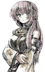 Rule 34 | 1girl, arm under breasts, armband, black vest, blue nails, breasts, brush stroke, collared shirt, detached sleeves, double-parted bangs, grey eyes, hair ornament, headphones, highres, jewelry, kiyu (yrstokrys), large breasts, long hair, looking down, megurine luka, midriff, pink hair, shirt, sidelocks, solo, vest, vocaloid, white background