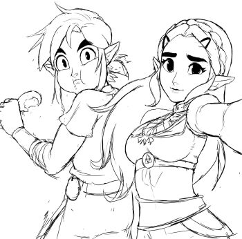 1boy 1girl braid chicken_(food) chicken_leg eating food hair_ornament hairclip highres link long_hair looking_at_viewer nintendo pointy_ears princess_zelda selfie sketch teevo the_legend_of_zelda the_legend_of_zelda:_breath_of_the_wild triforce