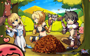 1boy 2girls :3 animal_print arch_bishop_(ragnarok_online) armor armored_boots artist_request autumn bikini bikini_top_only black_bikini black_footwear black_gloves black_hair blonde_hair blue_dress blue_sky blush boots breasts brown_cape brown_pants cape chain check_artist cleavage closed_mouth copyright_notice cross dagger dress elbow_gloves fingerless_gloves fishnet_thighhighs fishnets food frilled_thighhighs frills full_body fur-trimmed_pants fur_collar fur_trim gloves green_eyes guest_art highres holding holding_dagger holding_knife holding_weapon juliet_sleeves knife large_breasts leaf leaf_on_head leopard_print logo long_hair long_sleeves looking_at_another looking_to_the_side mechanic_(ragnarok_online) monkey mountainous_horizon multiple_girls mushroom nekoya_(nekoyadia) o-ring o-ring_top official_art official_wallpaper open_mouth outdoors pants poporing poring puffy_sleeves ragnarok_online shadow_chaser_(ragnarok_online) shoes short_hair shrug_(clothing) sitting sky slime_(creature) smile smokie_(ragnarok_online) squatting sweet_potato swimsuit thighhighs tree two-tone_dress vambraces waist_cape weapon white_dress white_thighhighs yellow_armor yoyo_(ragnarok_online)