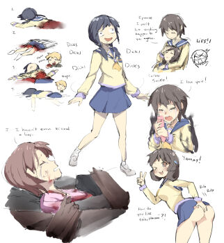 >_o 1boy 5girls :3 :d afloat artist_self-insert ass beige_shirt black_hair blonde_hair blood blood_on_clothes blood_on_face blue_skirt blush brown_hair cellphone reference_sheet closed_eyes closed_mouth constricted_pupils corpse corpse_party crying drooling english_text eyebrows frown ge-b hair_ornament hairclip hand_on_another's_head hand_on_own_chest head_tilt highres holding holding_phone kirisaki_touko kishinuma_yoshiki lap_pillow long_hair long_sleeves looking_back low_twintails lying mary_janes motion_lines multiple_girls nakashima_naomi no_panties o_o on_back on_stomach one_eye_closed open_mouth outstretched_arms phone profile saliva school_uniform serafuku shinohara_seiko shinozaki_ayumi shoes short_hair sketch skirt smile socks solid_circle_eyes spoilers spread_arms twintails v water white_background white_footwear white_legwear