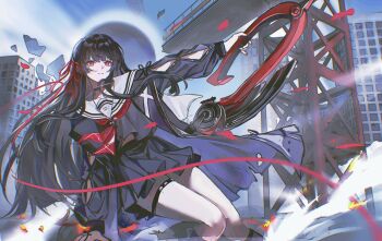 1girl arm_cutout black_choker black_hair black_jacket black_serafuku black_shirt black_skirt chisa_(wuthering_waves) choker city closed_mouth clothing_cutout collarbone commentary hair_ribbon hashtag-only_commentary highres holding holding_sword holding_weapon jacket long_hair long_sleeves looking_ahead minglu_(gululu) neckerchief outdoors red_eyes red_neckerchief red_ribbon ribbon sailor_collar school_uniform serafuku shirt skirt solo sword tacet_mark_(wuthering_waves) thigh_strap very_long_hair weapon white_sailor_collar wind wuthering_waves