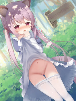 ! !! 1girl animal_ears blue_dress blush bush cat_ears clothes_lift clothes_pull dress dress_lift dutch_angle fang forest frilled_dress frills furrowed_brow hair_between_eyes hair_tie hand_to_own_mouth highres japanese_text legs_together loli long_hair long_sidelocks long_sleeves looking_at_viewer nature navel open_mouth original outdoors panties pantyhose pantyhose_pull pink_eyes pink_hair pov psyche3313 pussy shiny_skin sidelocks sign surprised sweatdrop translation_request twintails uncensored underwear very_long_hair white_pantyhose
