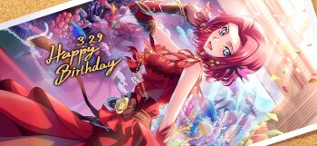 1girl birthday blue_eyes breasts code_geass code_geass:_lost_stories dress elbow_gloves f4samurai gloves happy_birthday highres kouzuki_kallen official_art open_mouth red_dress red_gloves red_hair short_hair smile solo