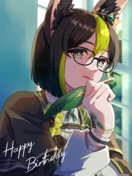 1boy animal_ear_fluff animal_ears black-framed_eyewear black_hair black_jacket double-parted_bangs genshin_impact glasses green_hair happy_birthday hashtag-only_commentary highres holding holding_quill jacket long_sleeves male_focus multicolored_eyes multicolored_hair open_mouth quill ri_hu_hu shirt solo streaked_hair tighnari_(genshin_impact) twitter_username upper_body white_shirt window
