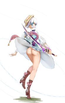 1girl absurdres ass ayaka_(genshin_impact) back blue_capelet blue_dress blunt_bangs blunt_tresses boots braid braided_hair_rings brown_boots brown_hat butterfly_hair_ornament capelet commentary crown_braid dress english_commentary flower from_behind full_body genshin_impact grey_eyes hair_ornament hair_rings hat hat_flower hat_ornament high_heel_boots high_heels highres holding holding_sword holding_weapon kamisato_ayaka kamisato_ayaka_(springbloom_missive) katana leaf_hat_ornament long_sleeves looking_at_viewer looking_back mistsplitter_reforged_(genshin_impact) mole mole_under_eye multicolored_dress no_panties no_pants official_alternate_costume official_alternate_hairstyle parted_lips puffy_long_sleeves puffy_sleeves qweeliart reverse_grip short_hair simple_background smile solo standing standing_on_one_leg sword weapon white_background white_hair wind wind_lift