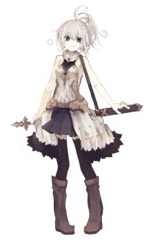 Rule 34 | 1girl, ahoge, belt, black skirt, black sleeves, black thighhighs, blue eyes, boots, breasts, brown belt, brown boots, brown shoes, collar, commentary request, dress, fantasy, floating hair, full body, highres, holding, holding weapon, looking at viewer, medium hair, messy hair, original, riuichi, shoes, shoulder strap, sidelocks, simple background, skirt, sleeveless, smile, solo, solo focus, standing, sword, thighhighs, weapon, white background, white dress, white hair