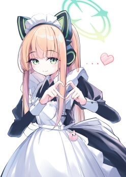 Rule 34 | 1girl, alternate hairstyle, animal ear headphones, animal ears, apron, black dress, blonde hair, blue archive, blush, borrowed clothes, cat ear headphones, cat ears, chosunbe, closed mouth, dress, fake animal ears, four-finger heart hands, frilled apron, frills, green eyes, green halo, halo, hands up, headphones, heart, heart hands, highres, long hair, long sidelocks, long sleeves, maid, maid apron, maid headdress, midori (blue archive), midori (maid) (blue archive), official alternate costume, sidelocks, simple background, smile, solo, upper body, white apron, white background