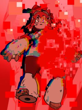 1girl android animal_ears bad_end boots cat_girl crying crying_with_eyes_open defeat digital_dissolve dirty dirty_face dissolving drowzyshroomy full_body furry gameoverse glitch gloves goggles goggles_on_head highres injury kit_bodega looking_at_viewer red_background red_eyes red_hair red_theme robot scar solo tearing_up tears white_gloves