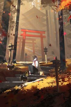 Rule 34 | 1girl, absurdres, architecture, asteroid ill, autumn leaves, black skirt, commentary request, east asian architecture, falling leaves, fox mask, highres, holding own leg, hyottoko mask, japanese clothes, lantern, leaf, mask, medium hair, multiple torii, original, outdoors, pagoda, purple hair, red shirt, scenery, shirt, shrine, sitting, skirt, slippers, stairs, stone stairs, torii, tree, wide sleeves, wooden lantern