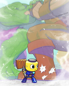 3boys absurdres armor avengers_(series) boots bracer brass_knuckles colored_skin commentary dust english_commentary fighting grapple green_skin hammer highres holding holding_hammer hulk juggernaut_(x-men) marvel marvel_vs._capcom marvel_vs._capcom_2 mega_man_(series) mega_man_legends_(series) multiple_boys pants quasimodox red_footwear red_pants robot servbot_(mega_man) signature size_difference superhero_costume sweatdrop toy_hammer weapon x-men