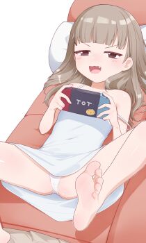 1girl :3 absurdres armpit_crease barefoot black_eyes blonde_hair blush brown_eyes brown_hair cameltoe child_gf_(orenji) commentary couch dress english_commentary fang feet flat_chest food foot_focus foreshortening from_above fruit goki_buri half-closed_eyes handheld_game_console highres hime_cut legs loli long_hair looking_at_viewer lying meme mesugaki naughty_face nintendo_switch on_back on_couch open_mouth orange_(fruit) original panties pantyshot pillow pov presenting_foot raised_eyebrows simple_background smile smug soles solo spread_legs sticker strap_slip t_t teasing thighs toes tongue underwear white_background white_dress white_panties