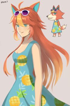 Rule 34 | 1girl, animal crossing, animal ears, audie (animal crossing), blonde hair, dress, en fkdl, eyeshadow, eyewear on head, humanization, makeup, nintendo, open mouth, personification, pineapple print, smile, sunglasses, tinted eyewear, wolf ears, wolf girl, yellow eyeshadow