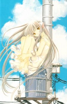 00s 1girl barefoot blonde_hair chii chobits clamp cloud day dress female_focus from_side hair_tubes head_tilt hugging_own_legs interlocked_fingers light_smile long_hair looking_at_viewer orange_eyes outdoors power_lines robot_ears sidelocks sitting sky sleeveless sleeveless_dress solo strap_slip sundress utility_pole very_long_hair white_dress wind