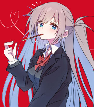 Rule 34 | 1girl, black jacket, blazer, blue eyes, bow, breasts, brown hair, closed mouth, collared shirt, commentary request, dress shirt, food in mouth, grey sweater, hand up, heart, highres, jacket, long sleeves, looking at viewer, medium breasts, mosui (kori can), mouth hold, notice lines, open clothes, open jacket, original, pocky day, ponytail, red background, red bow, school uniform, shirt, simple background, solo, sweater, upper body, white shirt