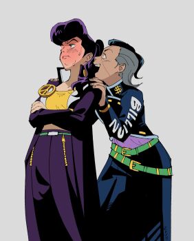 2girls belt black_hair breasts commentary crossed_arms delinquent diamond_wa_kudakenai dollar_sign english_commentary facial_mark frown genderswap genderswap_(mtf) green_belt grey_hair higashikata_josuke highres jojo_no_kimyou_na_bouken kyokyeo long_coat long_skirt medium_breasts multicolored_hair multiple_girls nijimura_okuyasu open_mouth peace_symbol pin pompadour ponytail purple_hair shirt skirt smile sukeban two-tone_hair yellow_shirt zipper