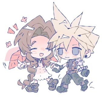1boy 1girl aerith_gainsborough armor baggy_pants bangle belt black_boots black_gloves black_pants blonde_hair blue_eyes boots bracelet braid braided_ponytail brown_belt brown_boots brown_hair chibi chibi_only choker closed_eyes closed_mouth cloud_strife cropped_jacket dress earrings final_fantasy final_fantasy_vii final_fantasy_vii_remake gloves hair_ribbon highres holding_hands jacket jewelry long_hair mmmckayyy open_mouth pants parted_bangs pauldrons pink_dress pink_ribbon pointing red_jacket ribbon ribbon_choker short_hair shoulder_armor sidelocks single_braid single_earring single_pauldron sleeveless sleeveless_turtleneck smile suspenders turtleneck white_background