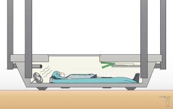 1girl aqua_hair aqua_necktie artist_logo artist_name black_boots black_skirt boots closed_mouth collared_shirt commentary dated digiral electric_fan english_commentary english_text from_side full_body grey_shirt hair_ornament hatsune_miku headphones highres logo long_hair lying meme miniskirt necktie pleated_skirt router saddam_hussein&#039;s_hiding_place_(meme) shirt skirt sleeveless sleeveless_shirt smile solo spring_onion textless_version thigh_boots twintails very_long_hair vocaloid