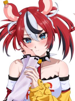 2girls 9tailsu absurdres animal_ear_fluff animal_ears asymmetrical_sleeves bare_shoulders black_hair black_streaks blue_eyes blush breasts cheese choker clothes_writing collar commentary detached_sleeves dice dice_hair_ornament double-parted_bangs food hair_between_eyes hair_ornament hakos_baelz hakos_baelz_(1st_costume) hand_on_another's_arm hand_on_another's_face highres hololive hololive_english irys_(hololive) irys_(irys_2.0)_(hololive) long_sleeves looking_at_viewer medium_breasts mouse_ears multicolored_hair multiple_girls pink_nails pout pov pov_hands red_hair spiked_choker spiked_collar spikes standing twintails uneven_twintails virtual_youtuber white_background white_hair yuri