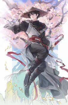 1boy absurdres black_boots black_cape black_hair black_pants black_robe boots cape commentary full_body hair_between_eyes hand_on_headwear hand_up hat highres holding holding_sword holding_weapon light_particles looking_to_the_side male_focus outdoors pants parted_lips purple_eyes red_sash robe sash shin_sangoku_musou shin_sangoku_musou_origins short_hair solo straw_hat sunlight sword tree ven0305 weapon wide_sleeves ziluan_(shin_sangoku_musou)