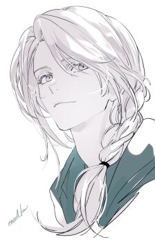 1boy braid braided_ponytail closed_mouth commentary cropped_shoulders eyelashes eyes_visible_through_hair final_fantasy final_fantasy_xiv grey_hair hair_over_one_eye hair_over_shoulder hood hythlodaeus koujisako long_hair looking_at_viewer male_focus parted_bangs portrait purple_eyes signature simple_background single_braid smile solo symbol-only_commentary twitter_username upper_body white_background