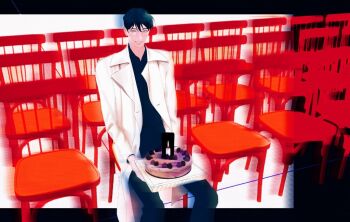Rule 34 | 1boy, black hair, black shirt, cake, candle, coat, collared shirt, commentary request, feet out of frame, food, grin, holding, holding plate, kim dokja, letterboxed, lonely, looking at viewer, male focus, omniscient reader's viewpoint, open clothes, open coat, outside border, plate, shirt, short hair, sitting, smile, solo, tix 0314, white coat