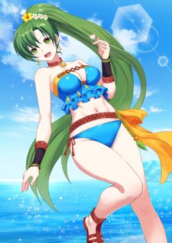 1girl :d armpits bare_arms bare_legs bare_shoulders bikini blue_bikini blue_sky blush breasts brown_choker choker clam_shell cleavage cloud collarbone commentary_request earrings finger_heart fire_emblem fire_emblem:_the_blazing_blade fire_emblem_heroes flower green_eyes green_hair hair_flower hair_ornament highres jewelry long_hair looking_at_viewer lyn_(fire_emblem) lyn_(lady_of_the_beach)_(fire_emblem) medium_breasts navel necklace nintendo ocean official_alternate_costume open_mouth outdoors ponytail sandals shell shell_necklace sky smile solo stomach strapless strapless_bikini swimsuit sylphy_fe teeth upper_teeth_only very_long_hair water