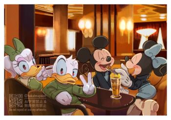 2boys 2girls alternate_costume animal_ears bow daisy_duck disney disneyland donald_duck duck_boy duck_girl gloves green_bow hair_bow mickey_mouse mickey_mouse_&amp;_friends minnie_mouse mouse_ears mouse_girl mouse_tail multiple_boys multiple_girls open_mouth shirt short_hair smile spoon tail takatmaorange v