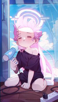 Rule 34 | 1girl, = =, absurdres, bangs blown up, black shirt, blue archive, blush, capry, closed eyes, collarbone, commentary, forehead, hair dryer, hair flaps, halo, highres, holding, holding hair dryer, hoshino (blue archive), indoors, long hair, no pants, pink hair, shirt, single bare shoulder, sitting, solo, straight hair, t-shirt, very long hair, wariza