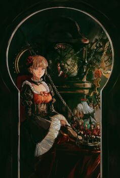 1girl analog_clock ashashio asmodeus_(umineko) beatrice_(umineko) beelzebub_(umineko) belphegor_(umineko) black_dress blonde_hair blue_eyes clock commentary dress english_commentary flower frilled_dress frills hair_flower hair_ornament highres holding holding_flower keyhole leviathan_(umineko) looking_at_viewer lucifer_(umineko) mammon_(umineko) red_flower red_rose ronove_(umineko) rose satan_(umineko) solo umineko_no_naku_koro_ni virgilia_(umineko)