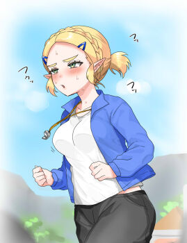 1girl alternate_costume alternate_hairstyle black_pants blonde_hair blue_jacket blue_sky blush breasts commentary_request cowboy_shot day green_eyes highres jacket jewelry jogging long_sleeves magatama magatama_necklace medium_breasts necklace nintendo open_clothes open_jacket outdoors pants parted_lips pointy_ears ponytail princess_zelda shirt short_hair short_ponytail sky solo sound_effects sweat the_legend_of_zelda the_legend_of_zelda:_tears_of_the_kingdom wasabi_(legemd) white_shirt