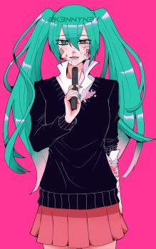 1girl absurdres aqua_eyes aqua_hair bandaged_wrist bandages bandaid bandaid_on_cheek bandaid_on_face black_sweater bleeding blood blue_eyes blue_hair blue_nails collared_shirt commentary cowboy_shot crying crying_with_eyes_open cuts english_commentary forced_smile gauze gauze_on_cheek gun hair_between_eyes handgun hatsune_miku highres holding holding_gun holding_weapon imminent_suicide injury k3nnyn3v long_hair looking_at_viewer necktie open_mouth pink_background pink_skirt pleated_skirt popped_collar rolling_girl_(vocaloid) school_uniform shirt signature simple_background skirt smile solo straight-on sweater tears twintails twitter_username very_long_hair vocaloid watermark weapon white_shirt