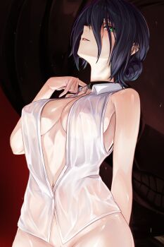 1girl absurdres breasts chainsaw_man commentary green_eyes hair_between_eyes highres light_smile looking_at_viewer medium_breasts mikasciii nipples out-of-frame_censoring parted_lips purple_hair red_background reze_(chainsaw_man) see-through_clothes see-through_shirt shirt sleeveless sleeveless_shirt smile solo wet wet_clothes wet_shirt white_shirt