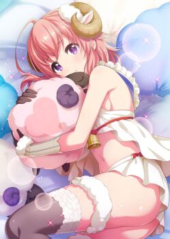 1girl ahoge ass babydoll bell black_gloves black_thighhighs blush breasts closed_mouth commentary_request dot_nose fur_thigh_strap gloves horns hugging_doll hugging_object lens_flare looking_at_viewer lying medium_breasts midriff navel official_art on_side pillow pink_hair project_tokyo_dolls purple_eyes sakura_(project_tokyo_dolls) second-party_source sheep_horns short_hair sideboob skirt solo sparkle stuffed_animal stuffed_sheep stuffed_toy thighhighs white_babydoll white_skirt