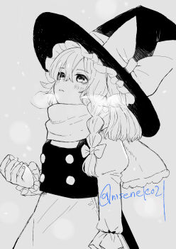 1girl absurdres apron bow braid breath commentary_request greyscale hair_bow hat hat_bow highres juliet_sleeves kirisame_marisa long_hair long_sleeves looking_up monochrome niseneko_(mofumofu_ga_ienai) parted_lips puffy_sleeves scarf side_braid snowing solo touhou twitter_username waist_apron witch_hat