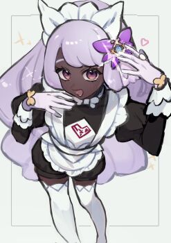 1girl alternate_costume apron arm_up black_romper bow bowtie cosplay dark-skinned_female dark_skin enmaided fascinator feet_out_of_frame from_above full_body glint glove_bow gloves gold_ring hair_ornament hand_up heart highres jacinthe_(pokemon) juliet_sleeves lebanne_(pokemon) lebanne_(pokemon)_(cosplay) long_hair long_sleeves looking_at_viewer low_drills maid maid_apron maid_headdress mega_stone mta2ep nintendo open_mouth pokemon pokemon_legends:_z-a puffy_sleeves purple_eyes purple_gloves purple_hair romper smile solo sparkle standing thighhighs very_dark_skin white_bow white_bowtie white_thighhighs yellow_bow