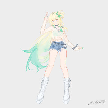 1girl alternate_costume blonde_hair blue_eyes boots closed_mouth crop_top denim denim_shorts finger_gun full_body gradient_hair green_hair green_nails grey_background guest_art hair_ornament hand_up highres logo long_hair looking_at_viewer lynae_(wuthering_waves) multicolored_hair nail_polish satsuya shirt shorts simple_background solo standing very_long_hair white_boots white_shirt wuthering_waves