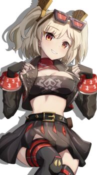 1girl belt black_belt black_gloves black_jacket black_skirt black_thighhighs blonde_hair breasts brown-framed_eyewear burnice_white commentary_request crop_top cropped_jacket eyewear_on_head fingerless_gloves gloves grin jacket looking_at_viewer medium_breasts medium_hair midriff open_clothes open_jacket red-tinted_eyewear red_eyes shadow skirt small_breasts smile solo spiked_belt sugunejineji sunglasses thighhighs tinted_eyewear twintails upper_body white_background zenless_zone_zero