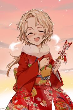 1girl :d ^_^ arrow_(projectile) blonde_hair blush closed_eyes cloud commentary_request floral_print floral_print_kimono fur-trimmed_kimono fur_trim highres japanese_clothes kimono kita_e kugimiya_atsuki long_hair long_sleeves obi open_mouth pink_sky ponytail print_kimono red_kimono sash sky smile solo tanya_lipinski
