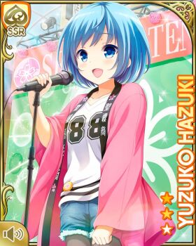 1girl :d blue_eyes blue_hair blue_shorts card character_name city day girlfriend_(kari) grey_leggings hazuki_yuzuko japanese_clothes kimono leggings microphone official_art open_mouth outdoors pink_kimono qp:flapper shirt short_hair shorts smile solo standing store tagme white_shirt