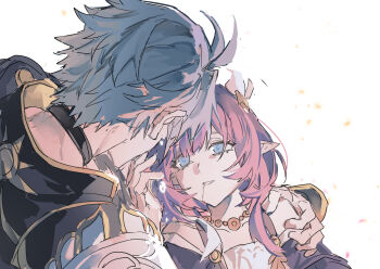 1boy 1girl absurdres ahoge anchealcjiea antenna_hair aqua_eyes armor bare_shoulders black_choker chinese_commentary choker coat collarbone collared_coat couple cyrene_(aedes_elysiae)_(honkai:_star_rail) cyrene_(honkai:_star_rail) dress drooling bad_tag from_above grey_hair hair_between_eyes hair_ornament high_collar highres honkai:_star_rail honkai_(series) huge_ahoge jewelry light_particles long_hair looking_up mouth_drool necklace off_shoulder parted_lips phainon_(honkai:_star_rail) pink_hair pointy_ears shade short_hair shoulder_armor spoilers wavy_hair white_background